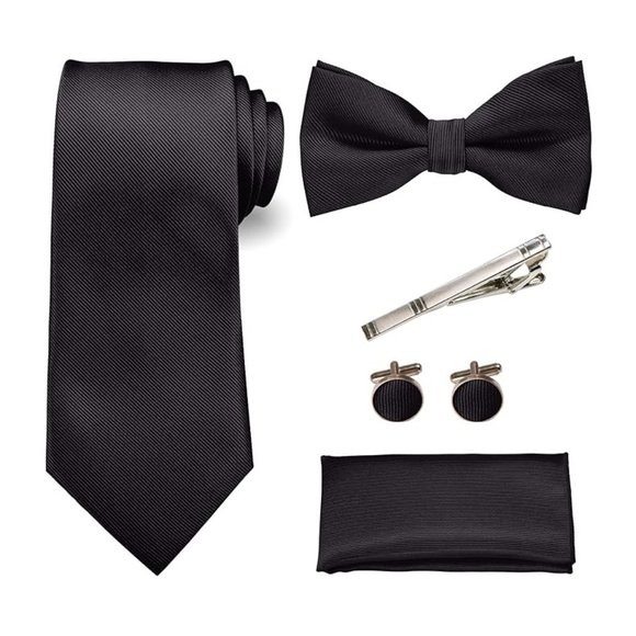 Mens 5 Piece Tie + Bow Tie + Pocket Square + Cufflinks + Clip Black - Picture 1 of 5